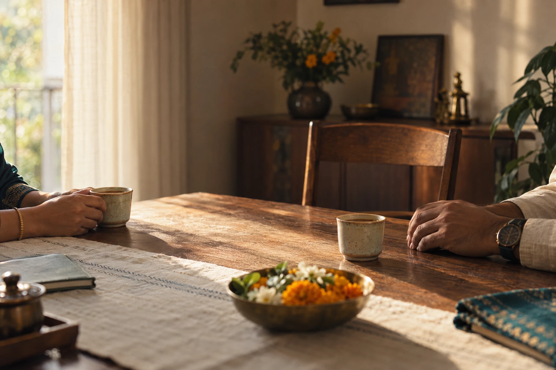 Two cups of chai on a table with an open chair, ready for a quiet conversation