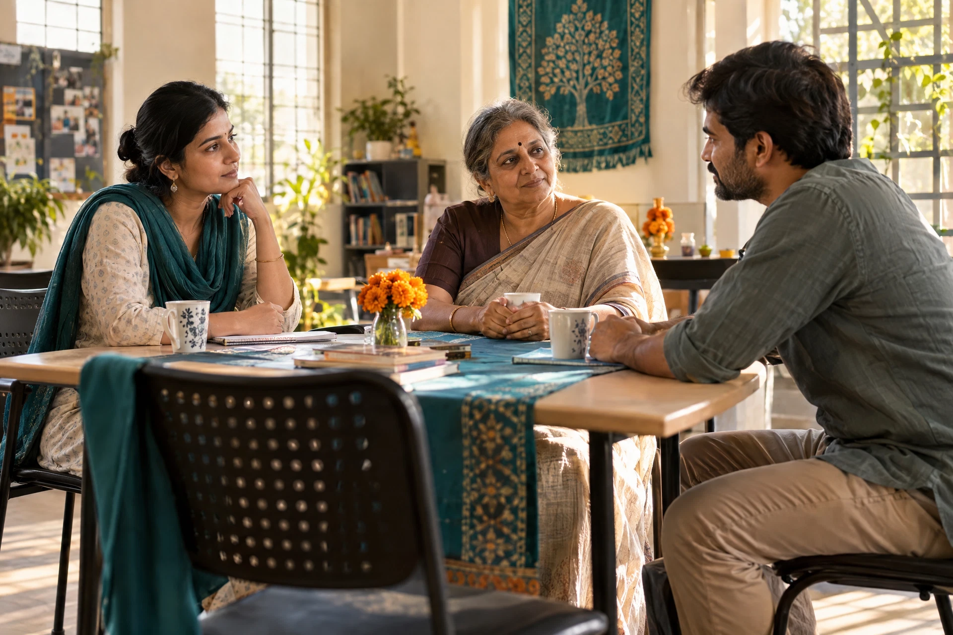 Community members listening together at a table